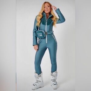 Ski Suit Teal Jumpsuit with Sherpa Trim and Zip Front